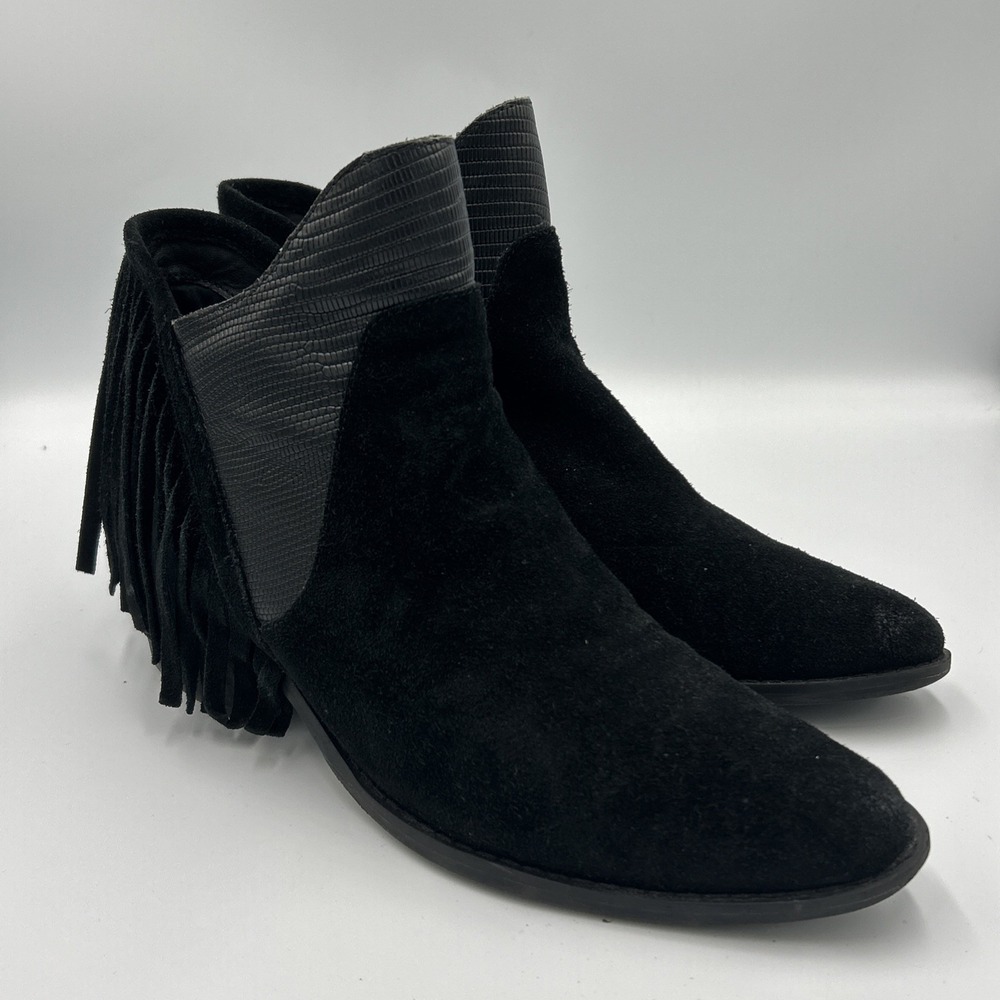 Reba Derbie Leather Suede Bootie Fringe Black Saloon Western Cowgirl Size 9
